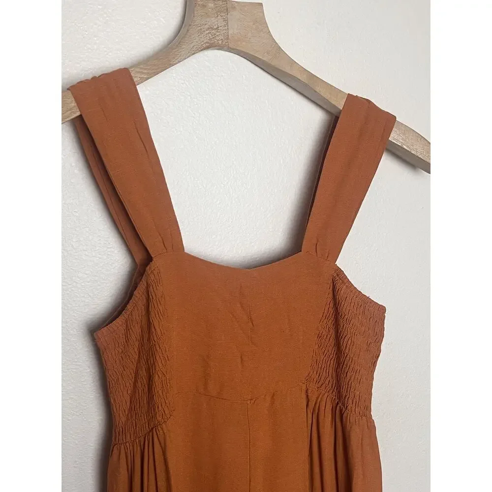 NWT Very J Wide Leg Palazzo Jumpsuit Women’s Sz Large Camel Orange Smocked - Picture 8 of 13
